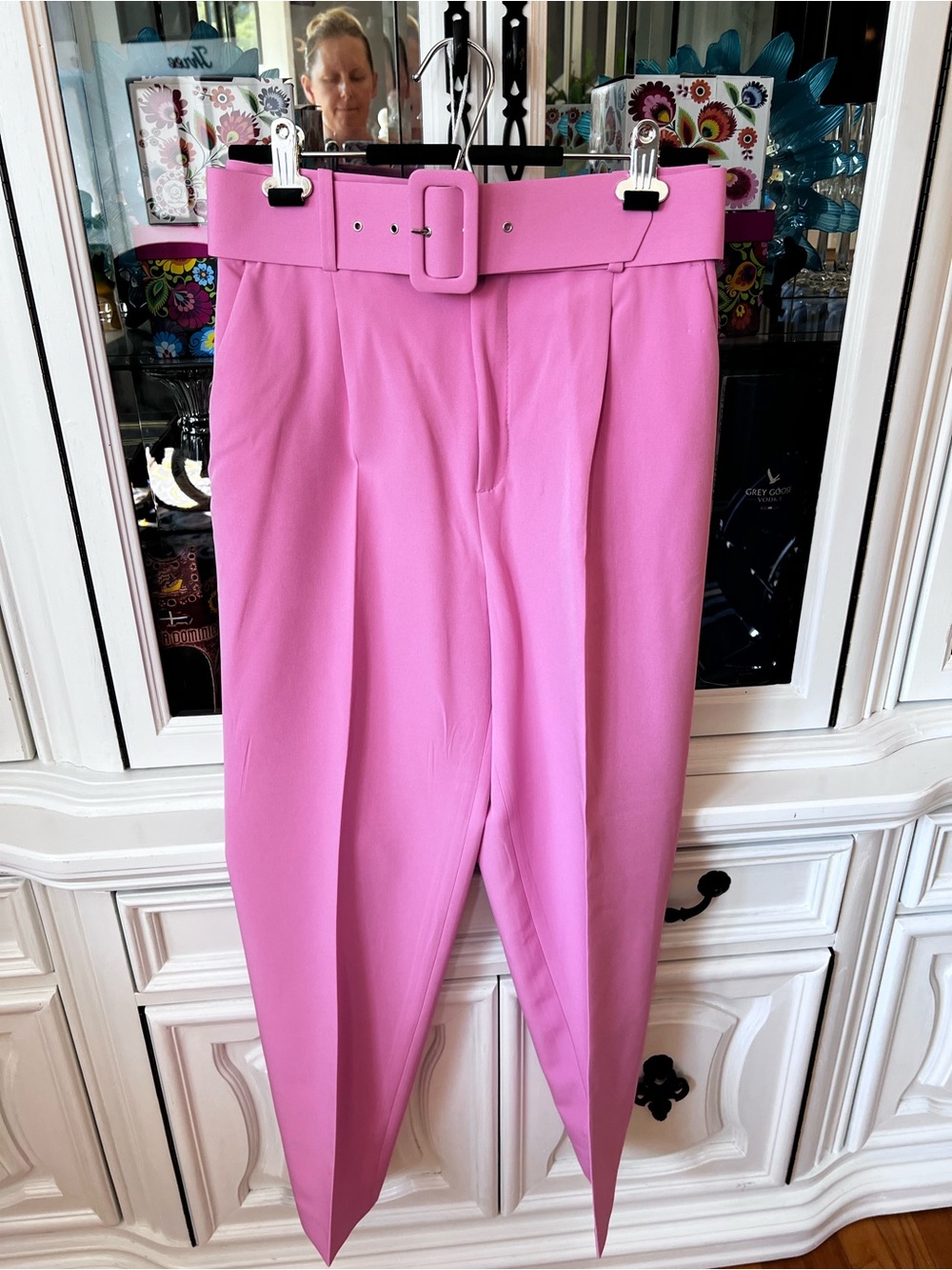 Zara Pink High-Waist Belted Ankle Trousers M